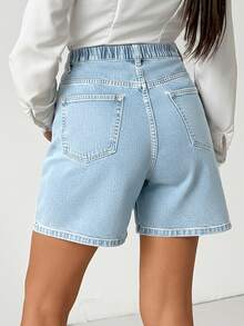 SHEIN High Waist Ice Blue Wash Smart Casual Style Woman Denim Short Button Closure Elastic Waistband Plus Size - Light Wash - View 3