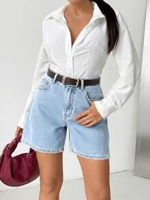 SHEIN High Waist Ice Blue Wash Smart Casual Style Woman Denim Short Button Closure Elastic Waistband Plus Size - Light Wash - View 7
