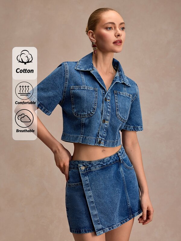 SHEIN Denim Woman Two Pieces Skort And Crop Shirt Style Casual Woman Denim Set Going Out Blue Summer