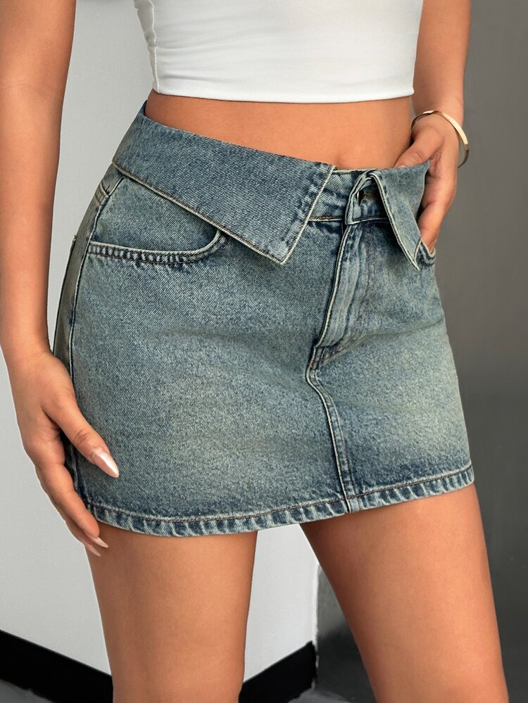 SHEIN Cottnline Low Waist Belt Detailed Mini Denim Skirt Night Out Blue Summer Y2k 90s Inspired - Medium Wash - View 3