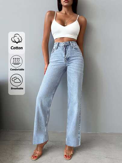 EURMUSE 100%Cotton High Waist Straight Leg Jeans