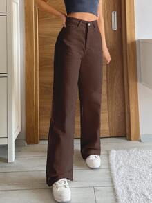EURMUSE 100%Cotton Solid Color Straight-Leg Denim Pants - Chocolate Brown - View 4