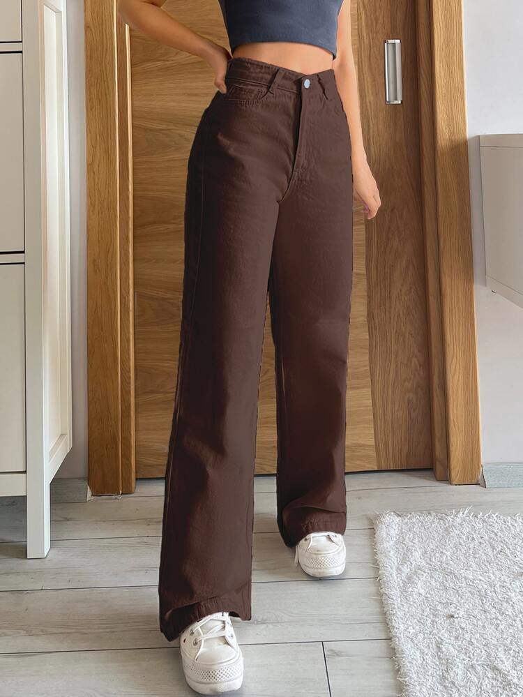 EURMUSE 100%Cotton Solid Color Straight-Leg Denim Pants - Chocolate Brown - View 3