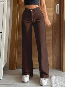 EURMUSE 100%Cotton Solid Color Straight-Leg Denim Pants - Chocolate Brown - View 6
