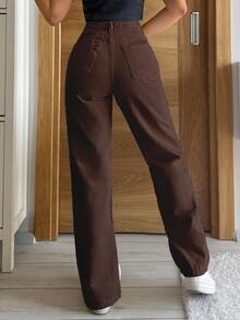 EURMUSE 100%Cotton Solid Color Straight-Leg Denim Pants - Chocolate Brown - View 3