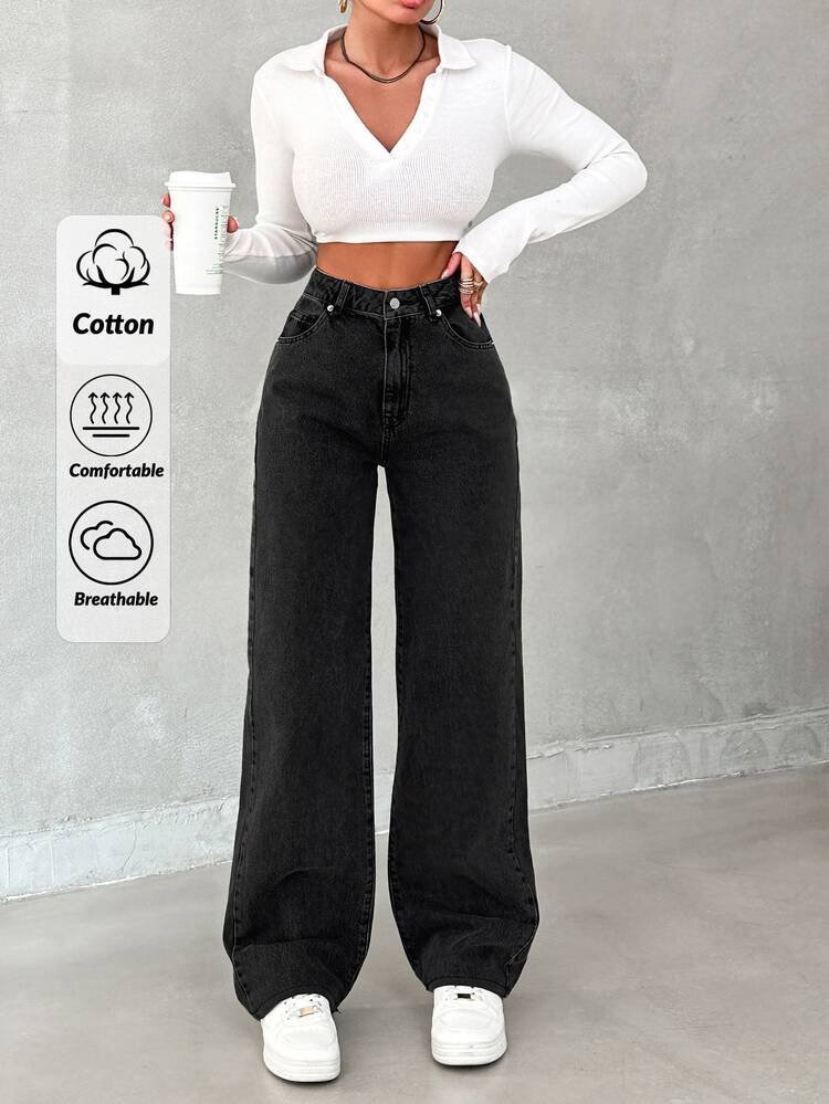 SHEIN Tall 100%Cotton Women'S High Waist Loose Fit Jeans, Tall Women - Black - View 1