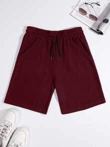 SHEIN Cottnline 100%Cotton 2pcs Men's Waffle Fabric Basic Casual Shorts House Holiday Burgundy Khaki Summer - Multicolor - View 3