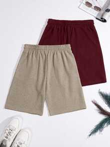 SHEIN Cottnline 100%Cotton 2pcs Men's Waffle Fabric Basic Casual Shorts House Holiday Burgundy Khaki Summer - Multicolor - View 2