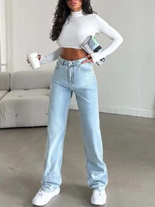 SHEIN Tall بنطلون جينز قطن 100% بجيوب مائلة وساق مستقيمة للنساء الطويلات - أزرق متوسط - مشاهدة 4