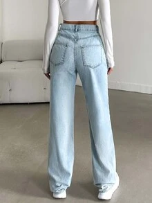 SHEIN Tall بنطلون جينز قطن 100% بجيوب مائلة وساق مستقيمة للنساء الطويلات - أزرق متوسط - مشاهدة 2