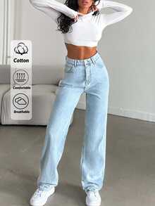 SHEIN Tall بنطلون جينز قطن 100% بجيوب مائلة وساق مستقيمة للنساء الطويلات - أزرق متوسط - مشاهدة 1