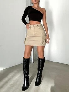 CasuGlow Full Pocket Detailed Denim Skirt - Apricot - View 4