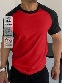 EURMUSE 100Cotton Kaos Pria Lengan Raglan Blok Warna Merah Garis-garis Merah untuk Liburan Musim Panas Kasual Aktif - Merah - View 1