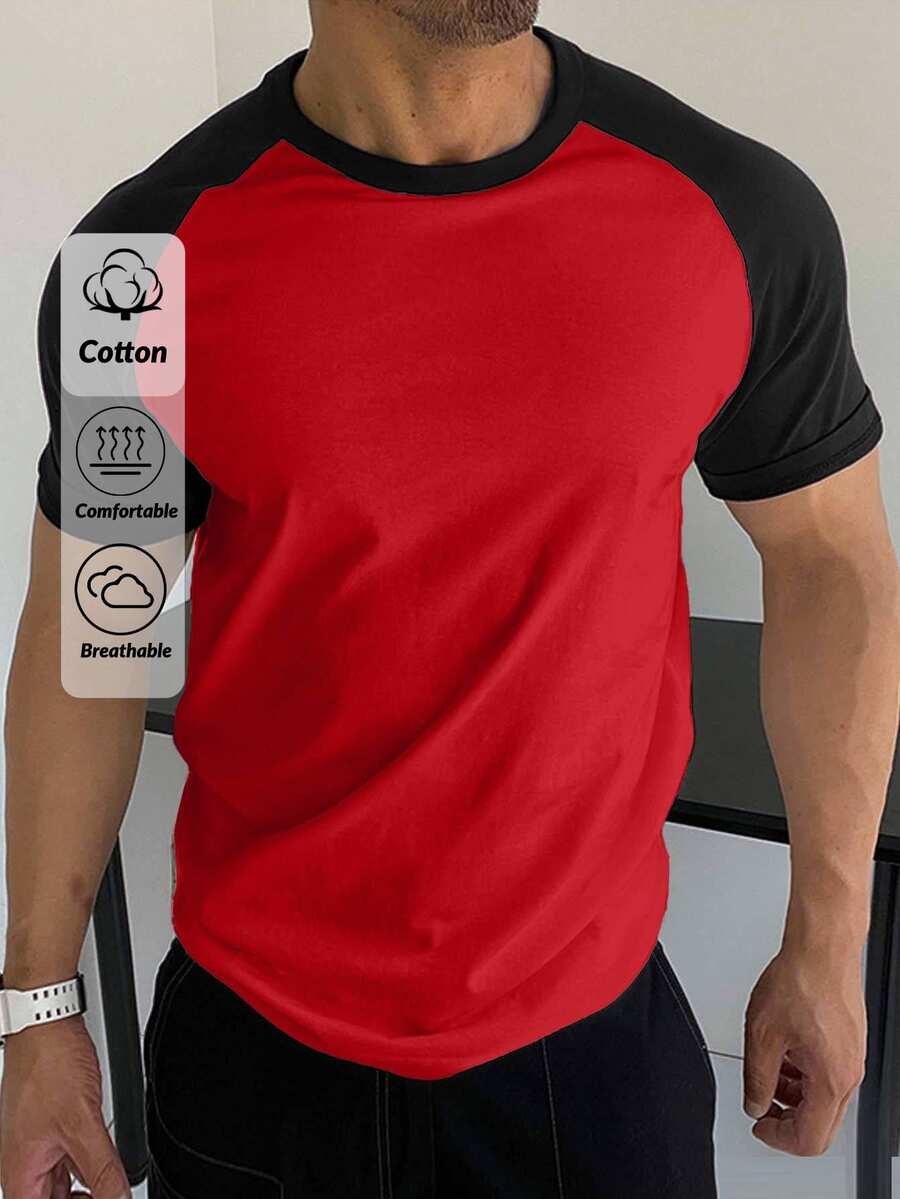 EURMUSE 100Cotton Kaos Pria Lengan Raglan Blok Warna Merah Garis-garis Merah untuk Liburan Musim Panas Kasual Aktif - Merah - View 1