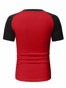 EURMUSE 100Cotton Kaos Pria Lengan Raglan Blok Warna Merah Garis-garis Merah untuk Liburan Musim Panas Kasual Aktif - Merah - View 2