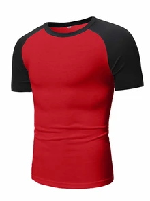 EURMUSE 100Cotton Kaos Pria Lengan Raglan Blok Warna Merah Garis-garis Merah untuk Liburan Musim Panas Kasual Aktif - Merah - View 4