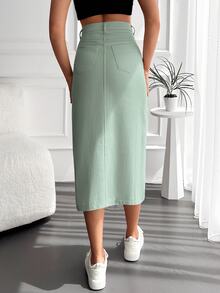 Cottnline Split Thigh Denim Skirt - Green - View 2