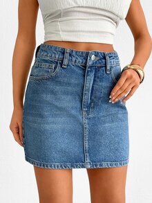 SHEIN Medium Washed Blue High Waist Mini Denim Woman Skirt Everyday School Summer Casual - Medium Wash - View 8