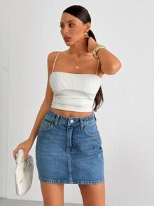 SHEIN Medium Washed Blue High Waist Mini Denim Woman Skirt Everyday School Summer Casual - Medium Wash - View 6