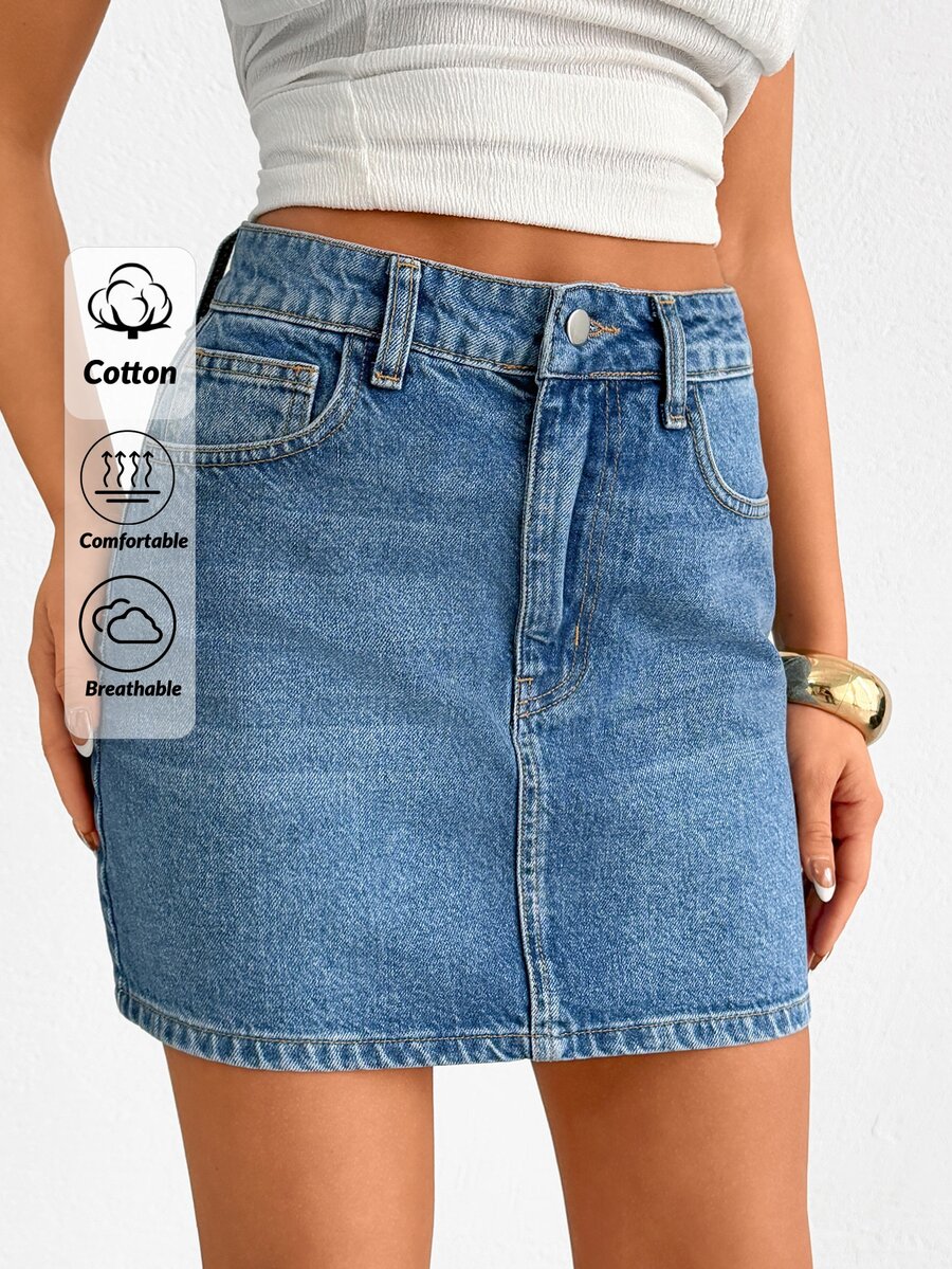 SHEIN Medium Washed Blue High Waist Mini Denim Woman Skirt Everyday School Summer Casual