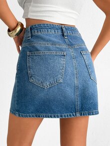 SHEIN Medium Washed Blue High Waist Mini Denim Woman Skirt Everyday School Summer Casual - Medium Wash - View 3