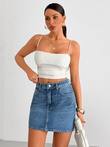 SHEIN Medium Washed Blue High Waist Mini Denim Woman Skirt Everyday School Summer Casual - Medium Wash - View 5
