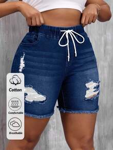 EURMUSE Plusstorlek Dam Casual Slitna Fransade Dragsko Denimshorts - Mörktvätt - Visa 1