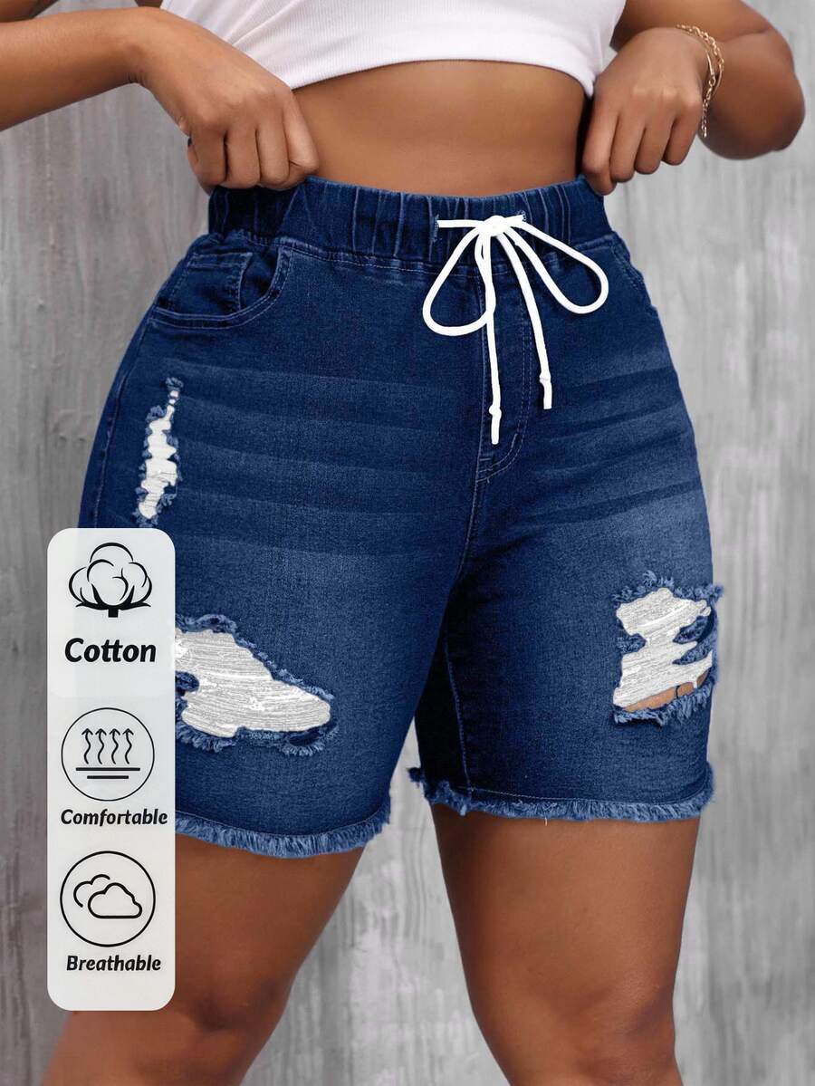 EURMUSE Plusstorlek Dam Casual Slitna Fransade Dragsko Denimshorts - Mörktvätt - Visa 1