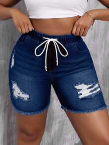EURMUSE Plusstorlek Dam Casual Slitna Fransade Dragsko Denimshorts - Mörktvätt - Visa 4