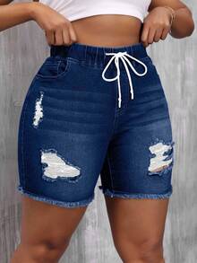 EURMUSE Plusstorlek Dam Casual Slitna Fransade Dragsko Denimshorts - Mörktvätt - Visa 7