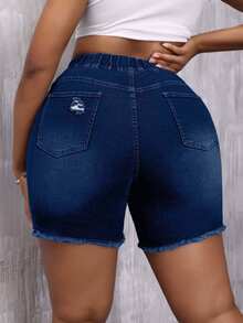 EURMUSE Plusstorlek Dam Casual Slitna Fransade Dragsko Denimshorts - Mörktvätt - Visa 2