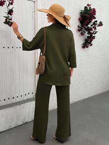 EURMUSE Women Loose Fit Blouse And Pant Two Pieces Set - Army Green - View 2