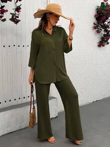 EURMUSE Women Loose Fit Blouse And Pant Two Pieces Set - Army Green - View 6