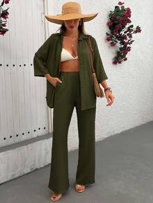 EURMUSE Women Loose Fit Blouse And Pant Two Pieces Set - Army Green - View 7