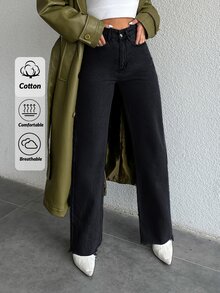 SHEIN Cottnline بنطلون جينز أزرق متوسط اللون ذو خصر عالي مستقيم، طراز كاجوال مع إغلاق بأزرار، حافة مقطوعة - الأسود - مشاهدة 2