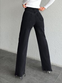 SHEIN Cottnline بنطلون جينز أزرق متوسط اللون ذو خصر عالي مستقيم، طراز كاجوال مع إغلاق بأزرار، حافة مقطوعة - الأسود - مشاهدة 3