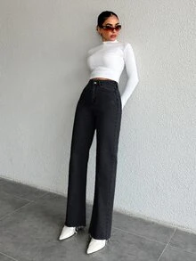 SHEIN Cottnline بنطلون جينز أزرق متوسط اللون ذو خصر عالي مستقيم، طراز كاجوال مع إغلاق بأزرار، حافة مقطوعة - الأسود - مشاهدة 4