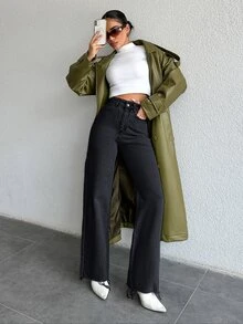 SHEIN Cottnline بنطلون جينز أزرق متوسط اللون ذو خصر عالي مستقيم، طراز كاجوال مع إغلاق بأزرار، حافة مقطوعة - الأسود - مشاهدة 6