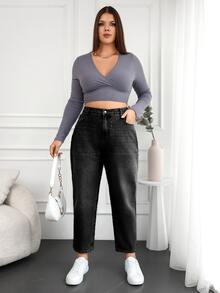 SHEIN Cottnline 100%Cotton Plus Size Washed Mom Style Jeans - Black - View 4