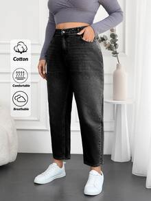 SHEIN Cottnline 100%Cotton Plus Size Washed Mom Style Jeans - Black - View 1
