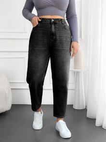 SHEIN Cottnline 100%Cotton Plus Size Washed Mom Style Jeans - Black - View 3