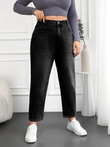 SHEIN Cottnline 100%Cotton Plus Size Washed Mom Style Jeans - Black - View 5