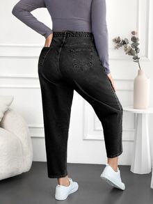 SHEIN Cottnline 100%Cotton Plus Size Washed Mom Style Jeans - Black - View 2