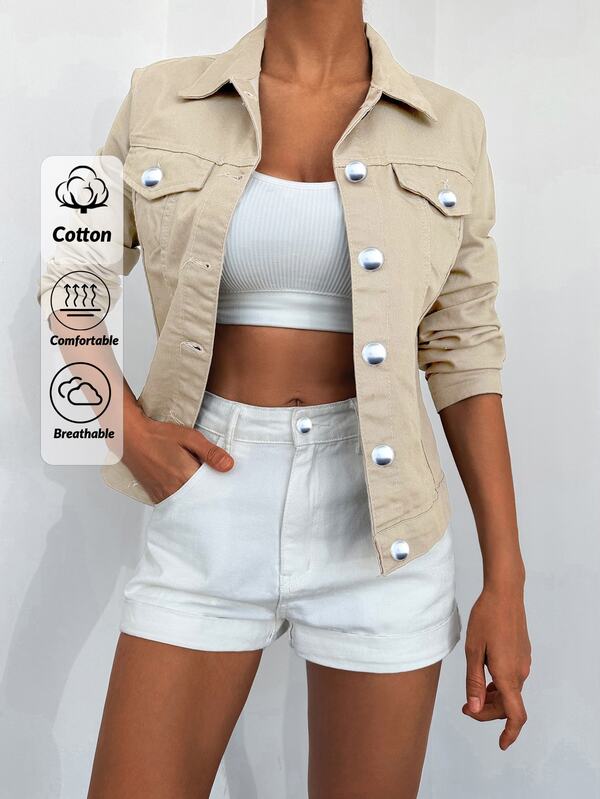EURMUSE 98%Cotton Flap Pocket Button Front Denim Jacket