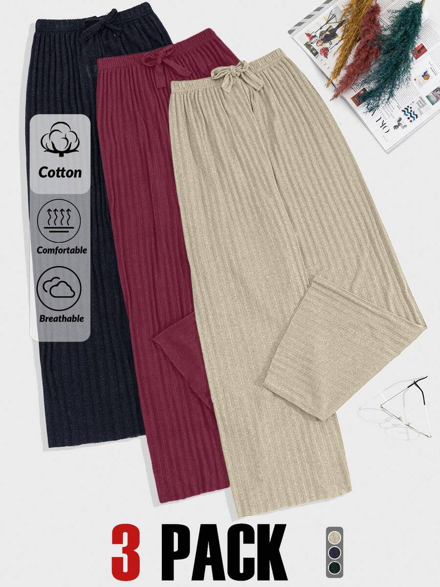 SHEIN Cottnline 100%Cotton 3 Pcs Solid Knit Pant Set - Beige - View 1