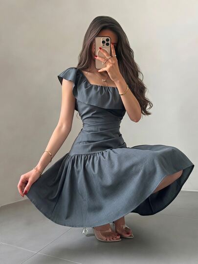 Feyla 女款夏季優雅素色荷葉邊短洋裝