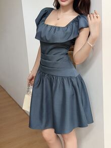 Feyla Gaun Pendek Ruffle Warna Polos Elegan untuk Wanita di Musim Panas - Dark Grey - View 6