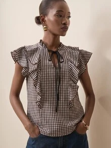 Briarwyn Plaid Ruffle Tie Cap Sleeve Blouse, Summer V-Neck Slimming Elegant Versatile Top - Multicolor - View 4