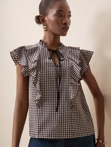 Briarwyn Plaid Ruffle Tie Cap Sleeve Blouse, Summer V-Neck Slimming Elegant Versatile Top - Multicolor - View 8