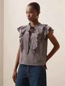 Briarwyn Plaid Ruffle Tie Cap Sleeve Blouse, Summer V-Neck Slimming Elegant Versatile Top - Multicolor - View 6